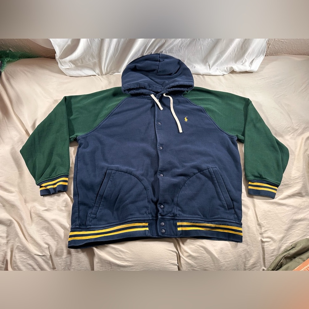 Polo Ralph Lauren Fleece Hooded Basketball Jacket Navy Green Y2K Boxy 2XL Retro